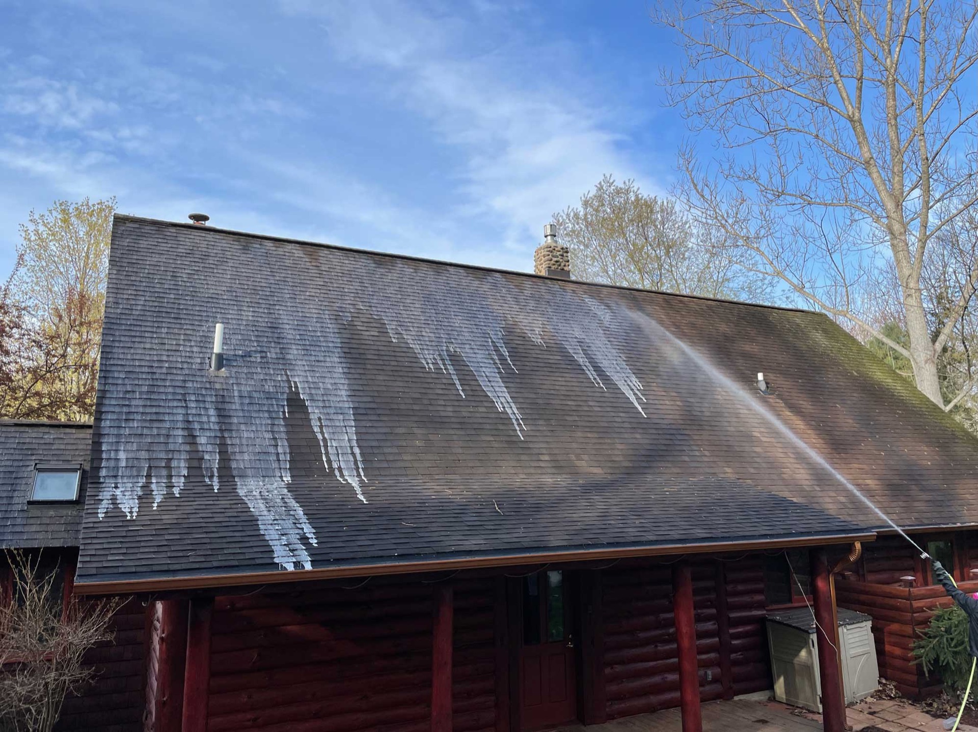 Professional roof cleaning removing algae and moss buildup